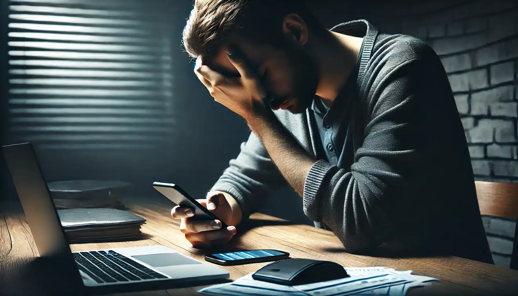 A man is sitting at a table, holding his head in his hands with a deeply concerned expression, as he realized that his banking data has been stolen.