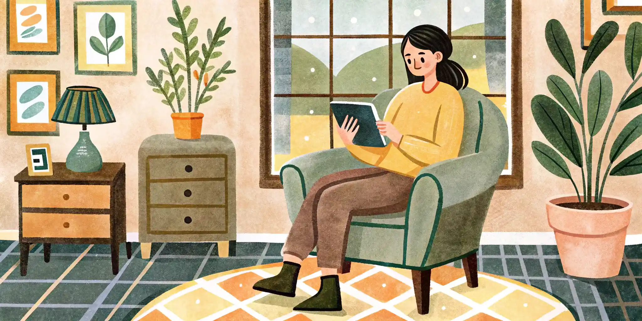 A woman is playing on a tablet while sitting in an armchair