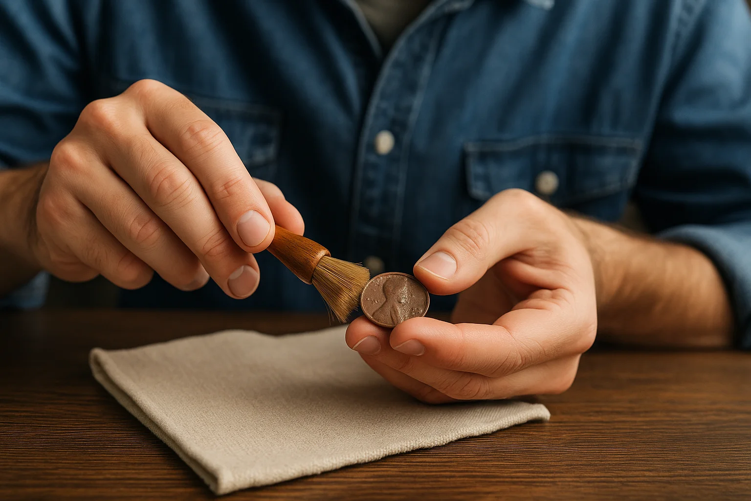A collector gently removes loose dust from a coin with a soft brush to prepare it safely for scanning.