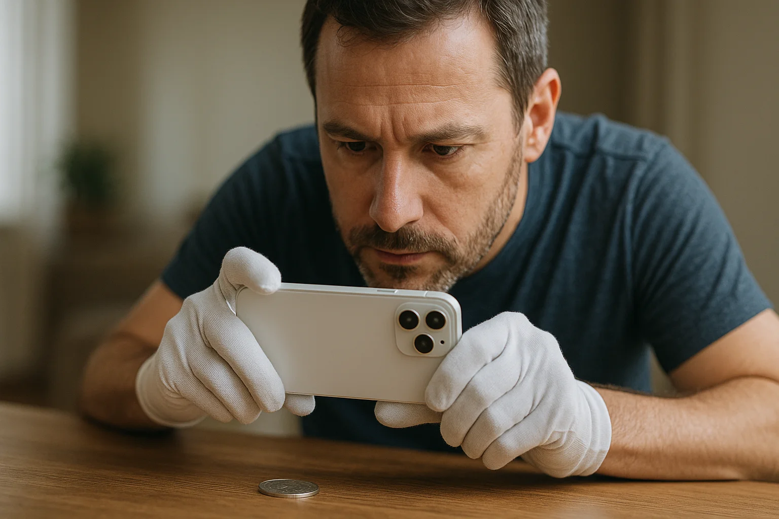A man carefully photographs a coin on the table using a smartphone, ensuring clean lighting and proper handling before scanning.