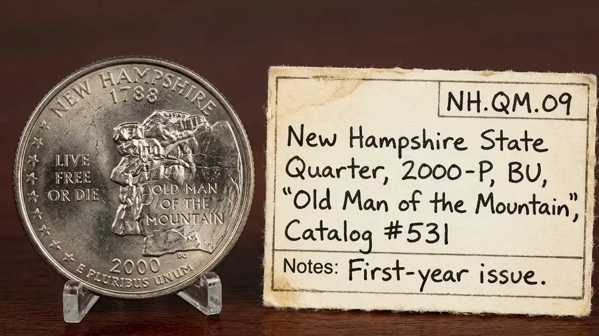 close-up of an Old Man of the Mountain quarter next to a small catalog card